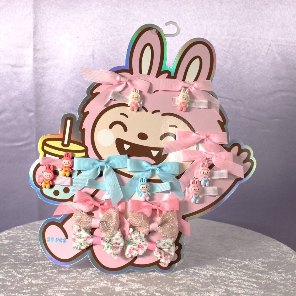 Danbar Girls Bunny Hair Clips & Bows Set – 20 Pieces – Pink & Blue – New